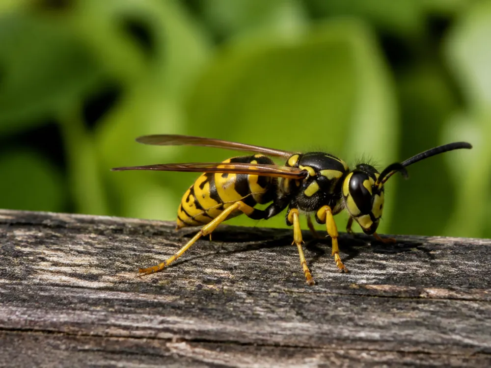 European wasp with bright yellow bands on timber